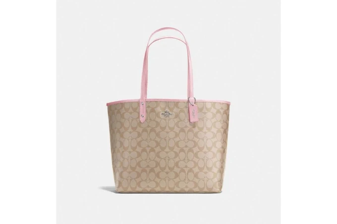 Reversible City Tote In Signature Canvas - Khaki/Peony Light