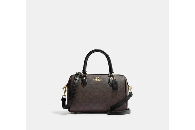 Rowan Satchel Bag In Signature Canvas - Gold/Brown Black