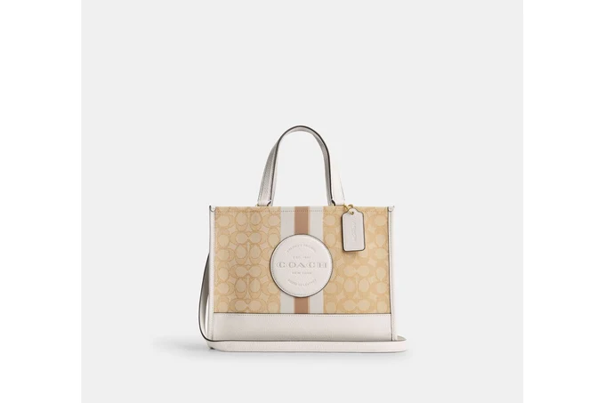Dempsey Carryall Bag In Signature Jacquard With Stripe And Coach Patch - Gold/Light Khaki Chalk