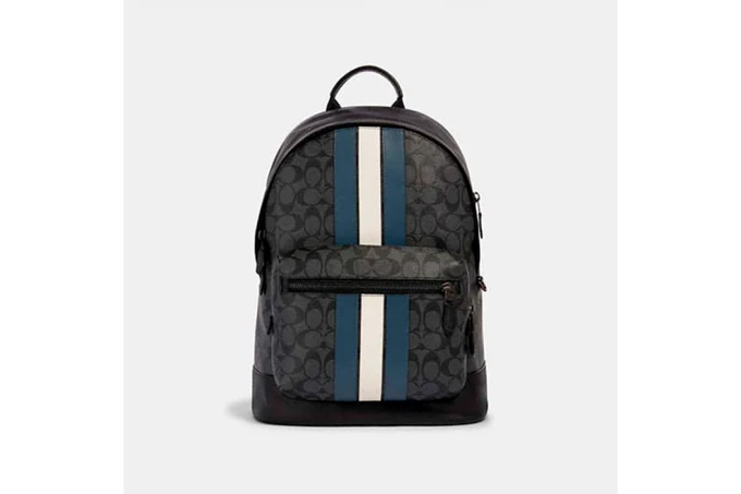 West Backpack In Signature Canvas With Varsity Stripe - Gunmetal/Charcoal/Denim/Chalk